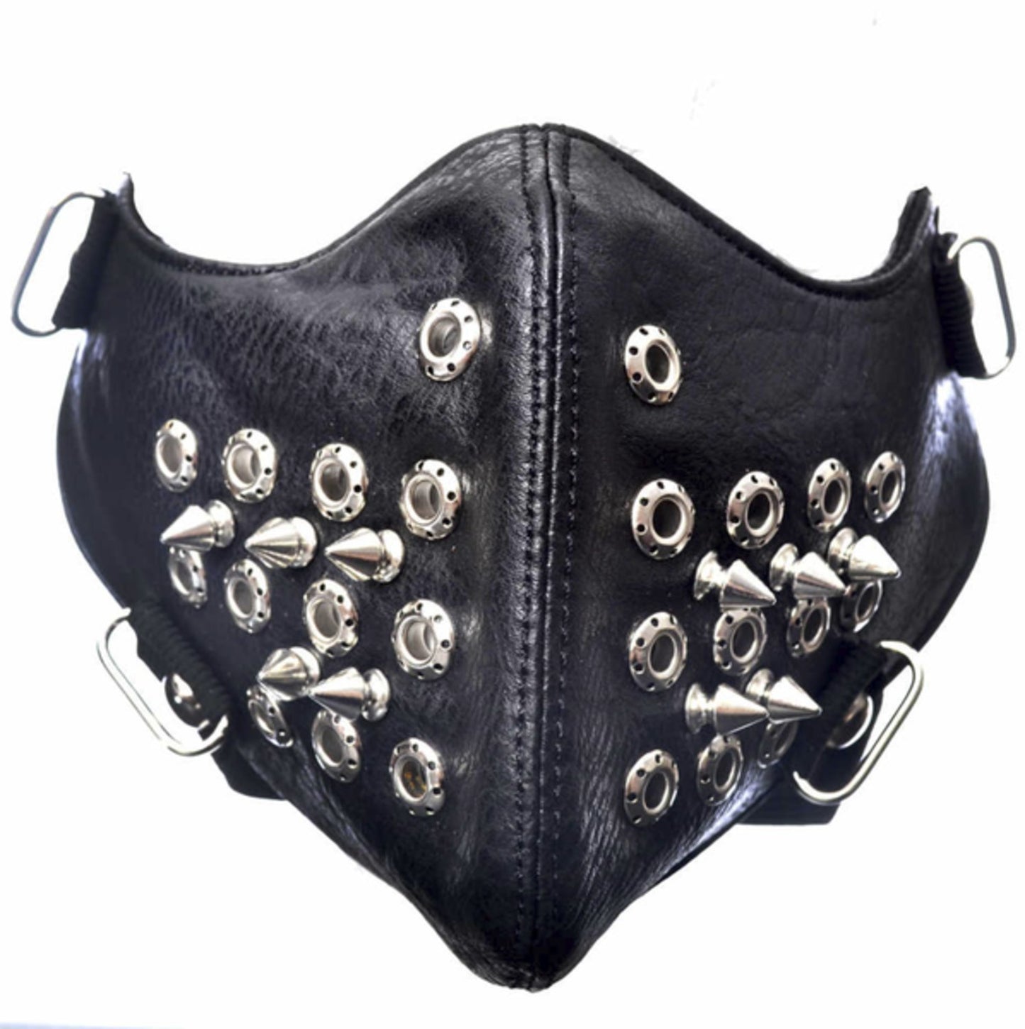 Svart ansiktsmask i konstläder med perforerade ringar & spikes