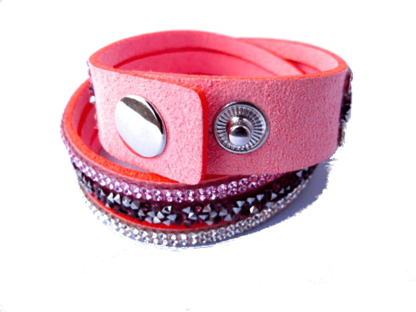 Rosa dubbel snittat läderarmband med Kristaller