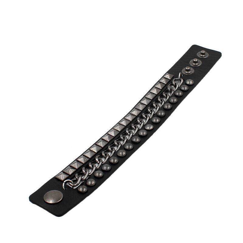 Svart Läder armband med kedja, pyramid- och runda nitar