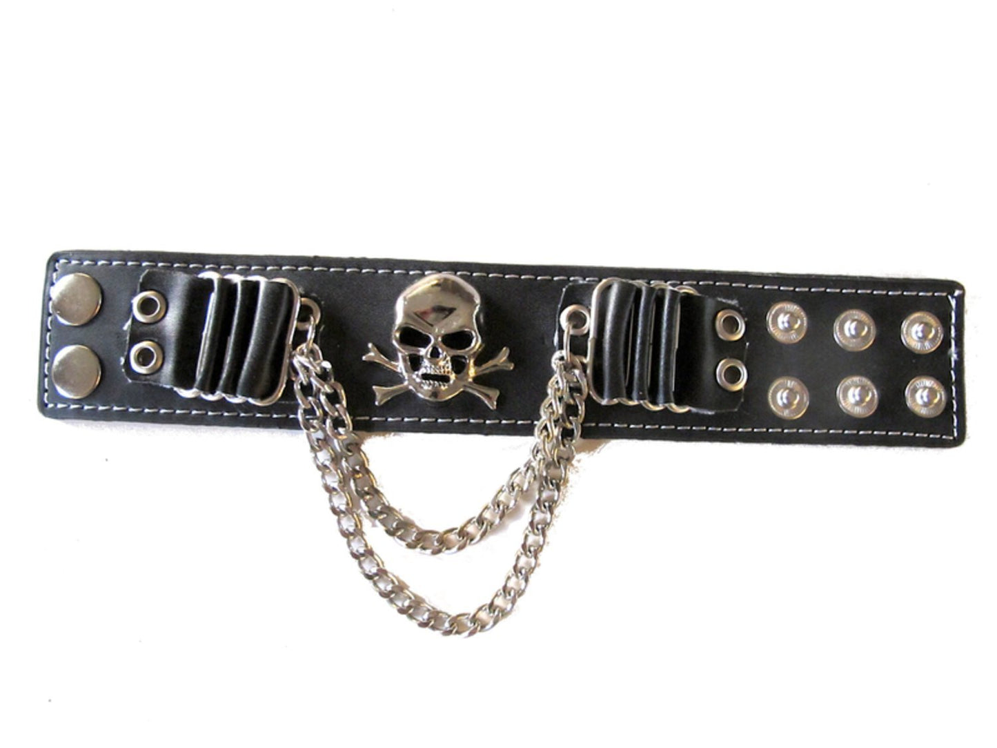 Svart läderarmband med dödskalle och kedjor