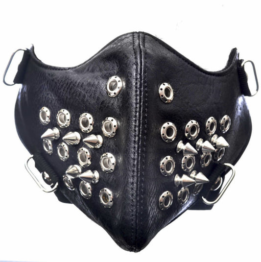 Svart ansiktsmask i konstläder med perforerade ringar & spikes