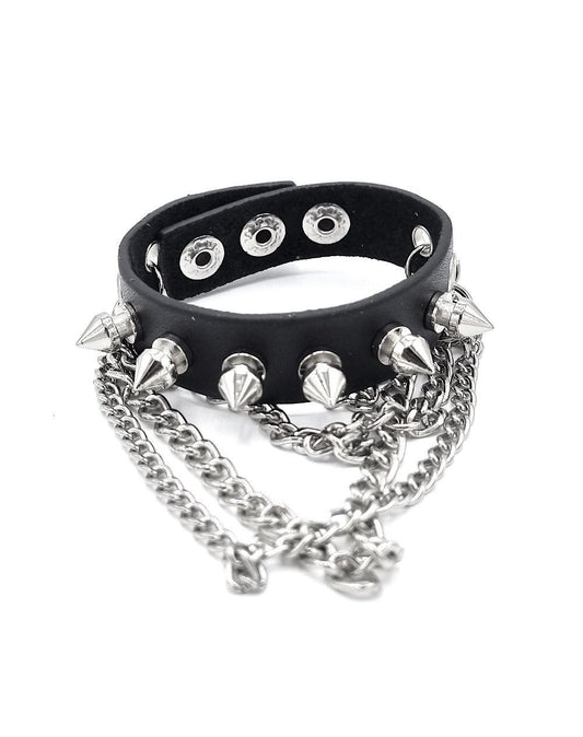 Svart Läderarmband med Spetsiga Nitar & Kedjor – Punkrock Cuff