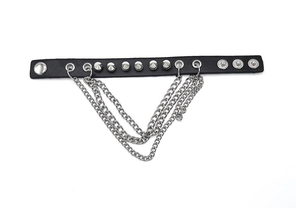 Svart Läderarmband med Spetsiga Nitar & Kedjor – Punkrock Cuff