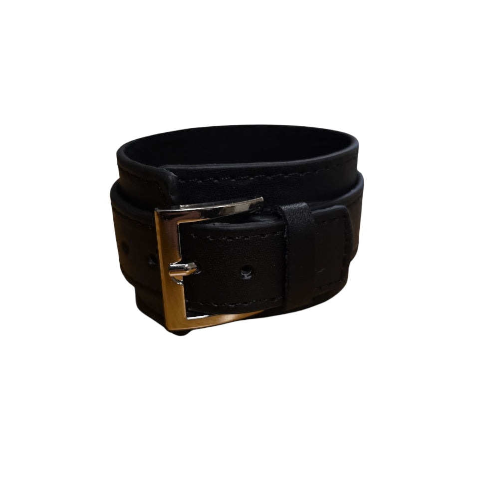Svart läderarmband med dubbelsöm – Justerbart spänne