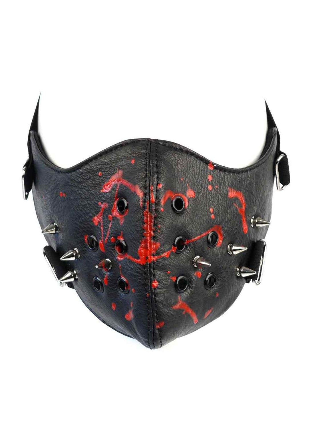 Svart lädermask med blodstänk och nitar